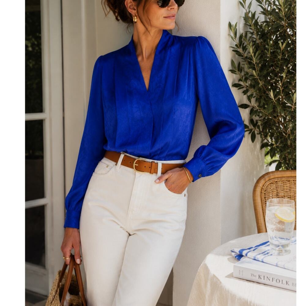 Laura & Jayne Vintage 90s Royal Blue Floral Jacquard Draped Blouse Petite 8